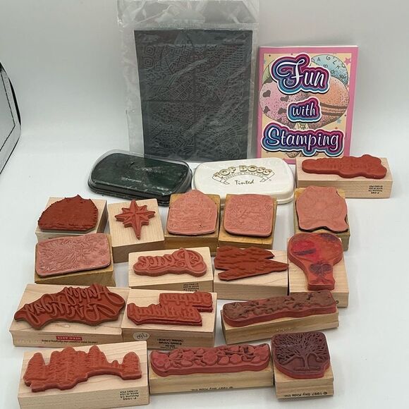 19 Assorted Rubber Stamps Set with inks and book, most are new. - Picture 5 of 9